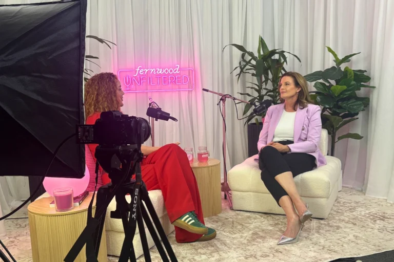 Dr Sarah Lawrence on the set of the Fernwood Unfiltered podcast by Fernwood Fitness with host Georgie Tunny