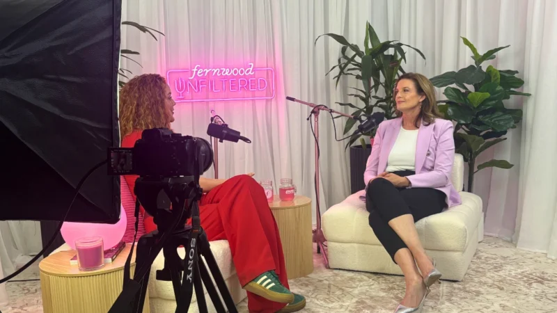 Dr Sarah Lawrence on the set of the Fernwood Unfiltered podcast by Fernwood Fitness with host Georgie Tunny