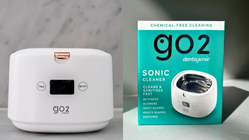 GO2 Dentagenie sonic cleaner used to clean clear aligners and orthodontic retainers