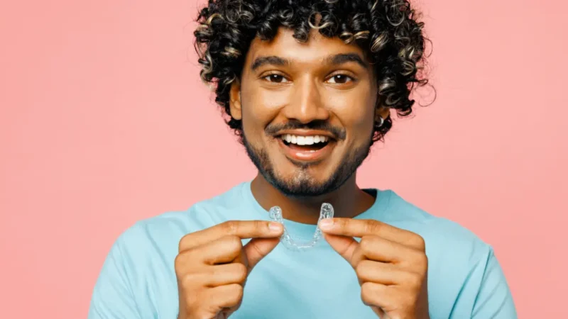 Adult man holding up clear aligner
