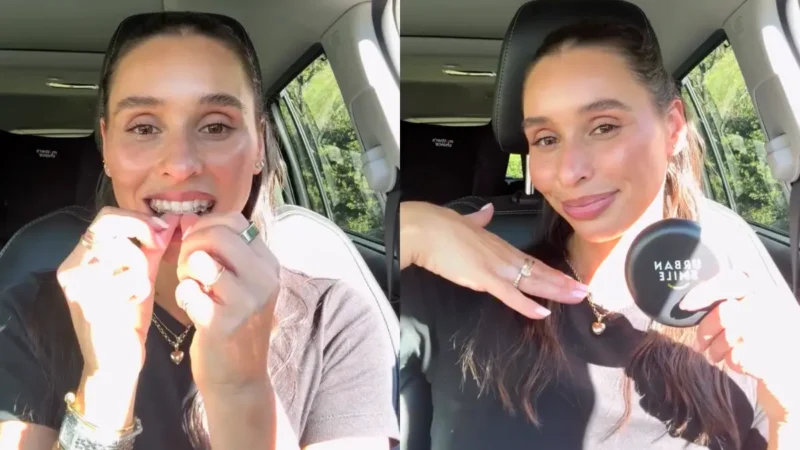 2 photos of a woman inserting her aligners in the car and holding up her Urban Smile clear aligner case