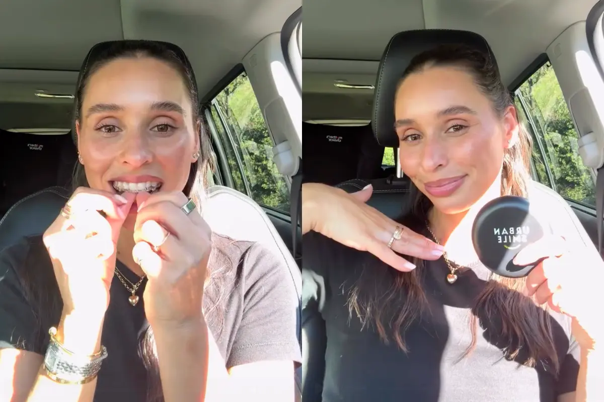 2 photos of a woman inserting her aligners in the car and holding up her Urban Smile clear aligner case